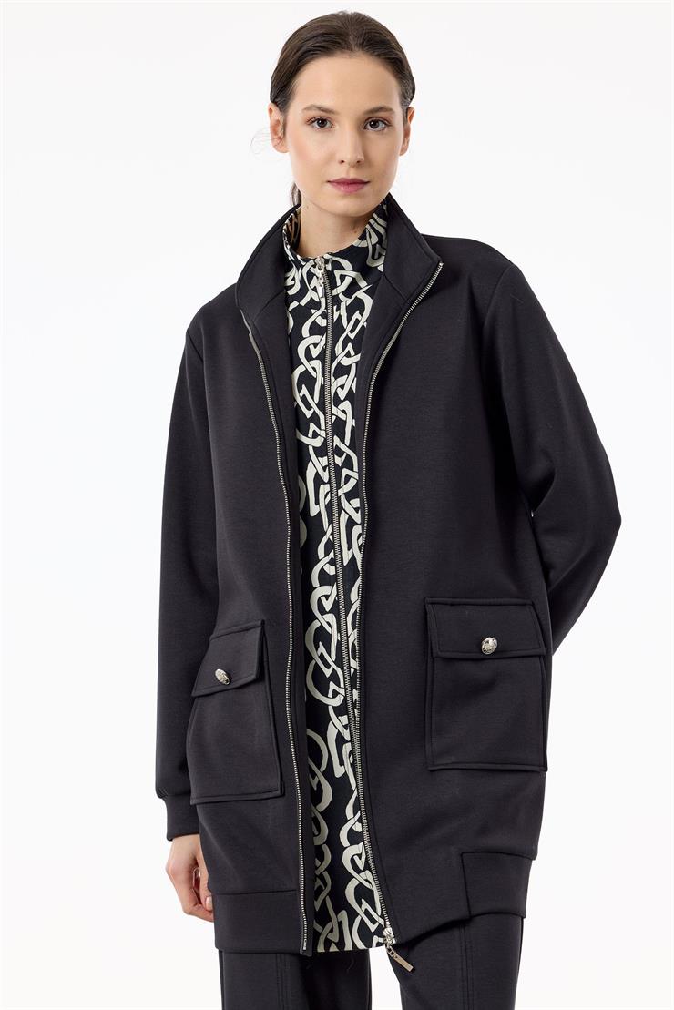 Fermuar Detaylı Emprime Kombinli Pantolonlu Takım SİYAH