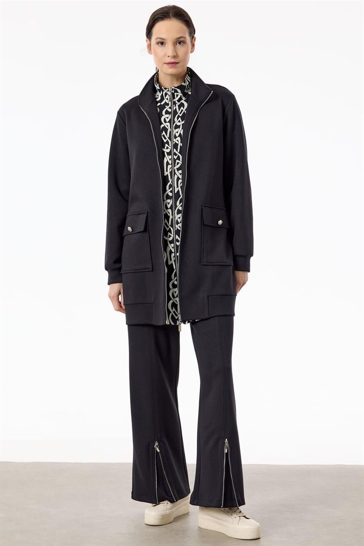 Fermuar Detaylı Emprime Kombinli Pantolonlu Takım SİYAH