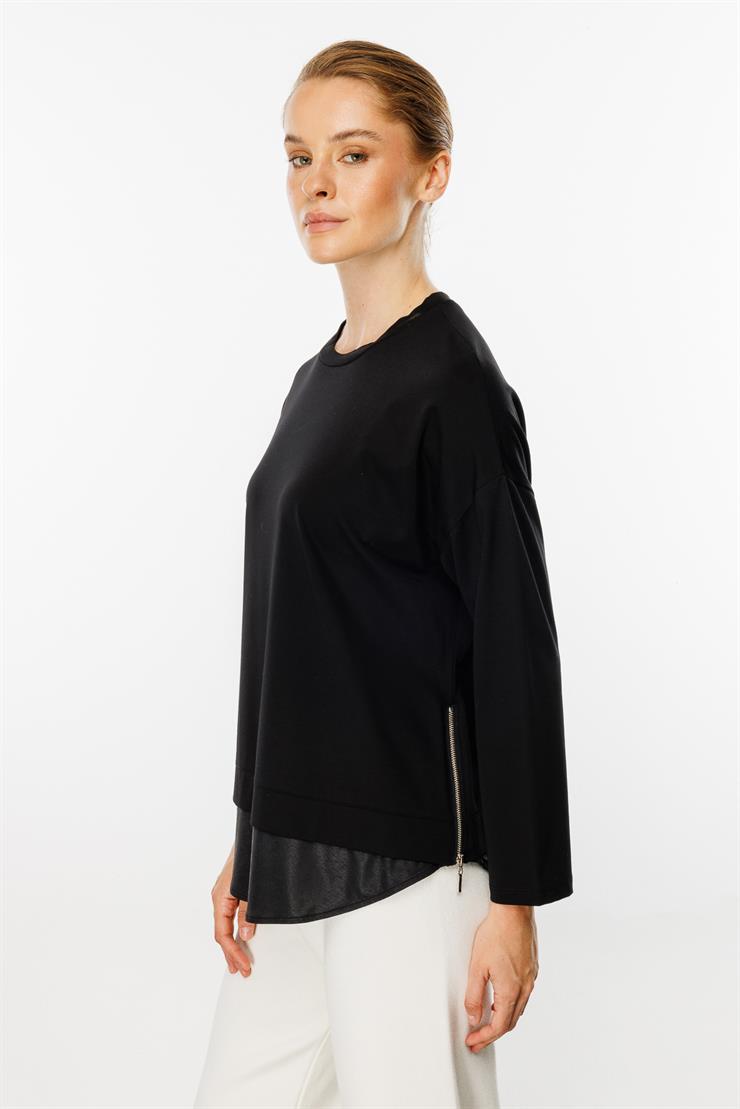 Fermuar Detaylı Penye Bluz-SİYAH