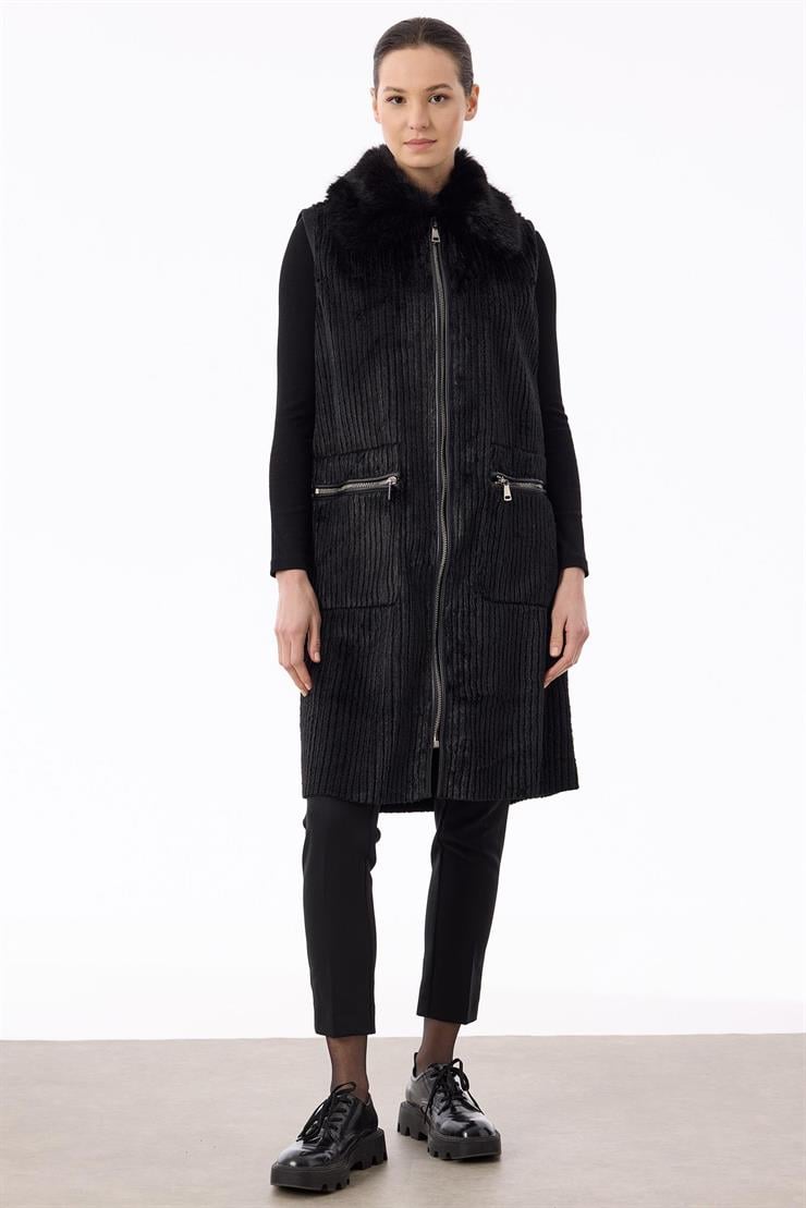 Fermuar Ve Deri Detaylı Fitilli Kürk Yelek SİYAH