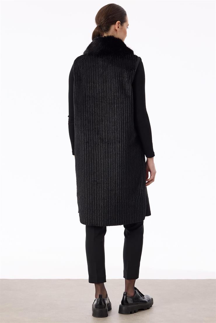 Fermuar Ve Deri Detaylı Fitilli Kürk Yelek SİYAH