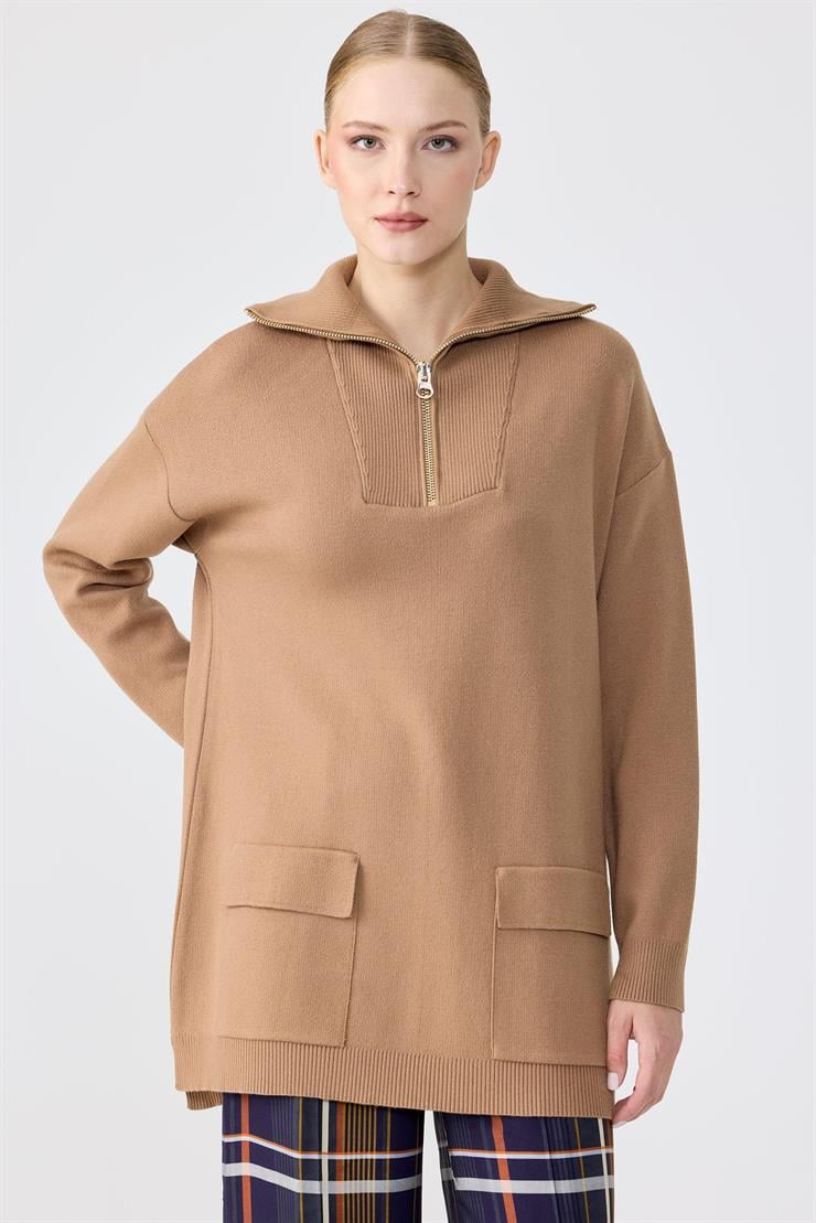 Fermuarlı Dik Yaka Triko Tunik CAMEL