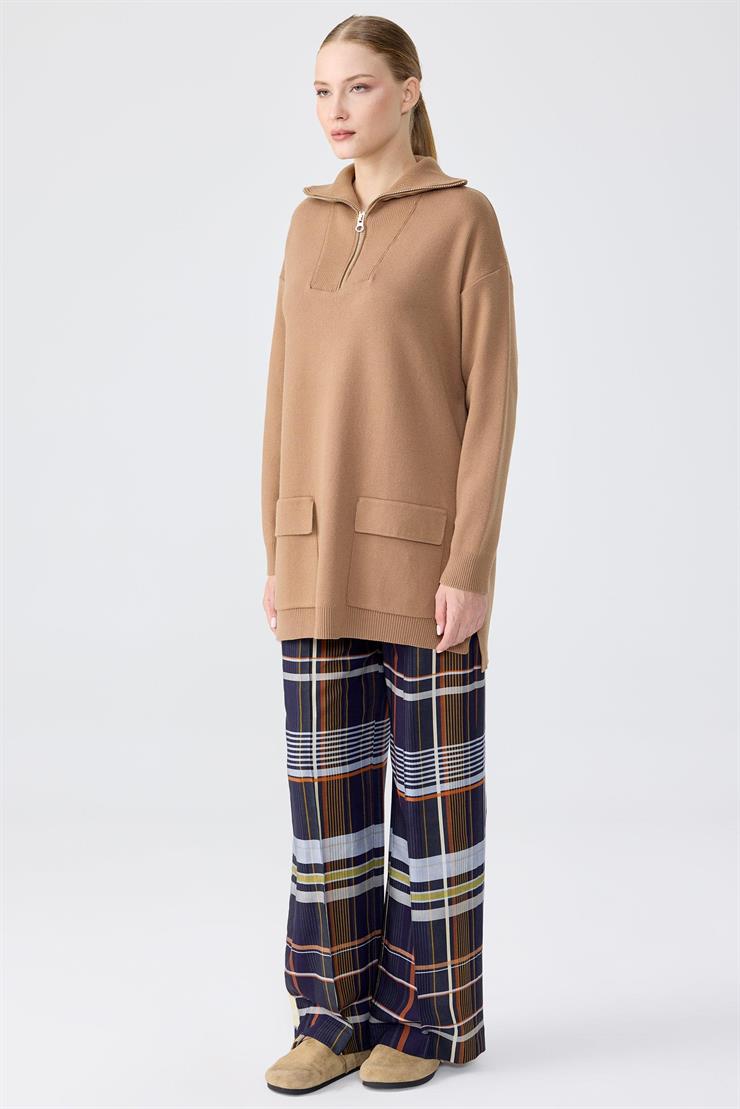 Fermuarlı Dik Yaka Triko Tunik CAMEL