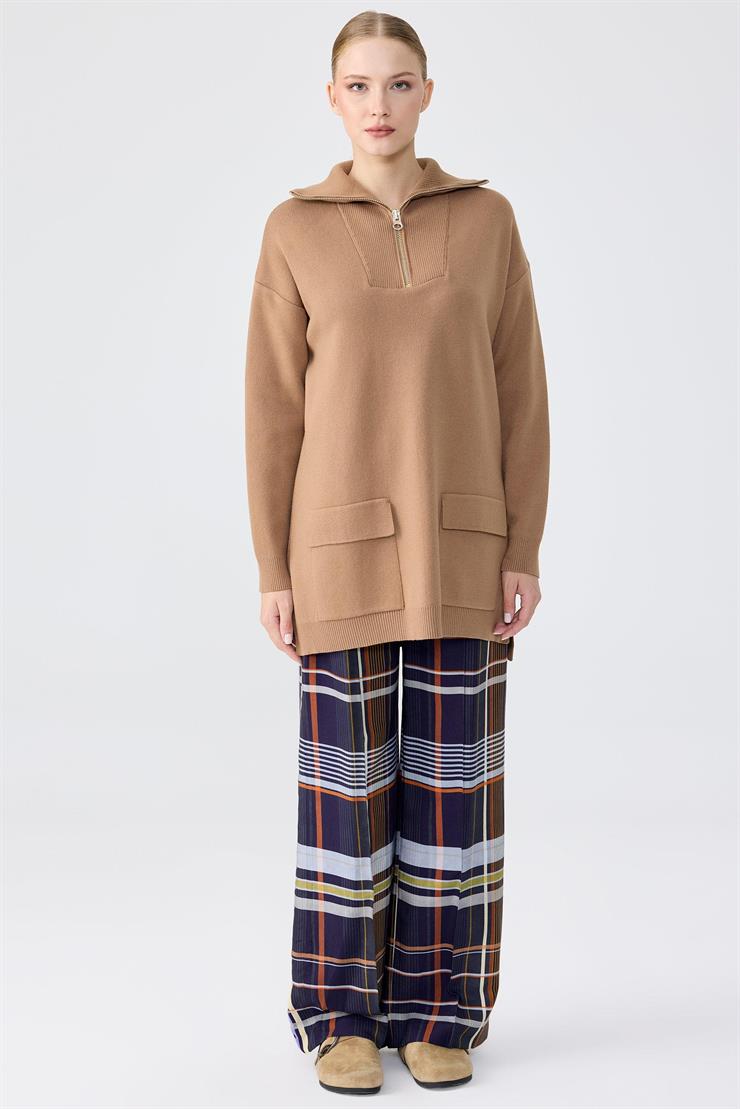 Fermuarlı Dik Yaka Triko Tunik CAMEL