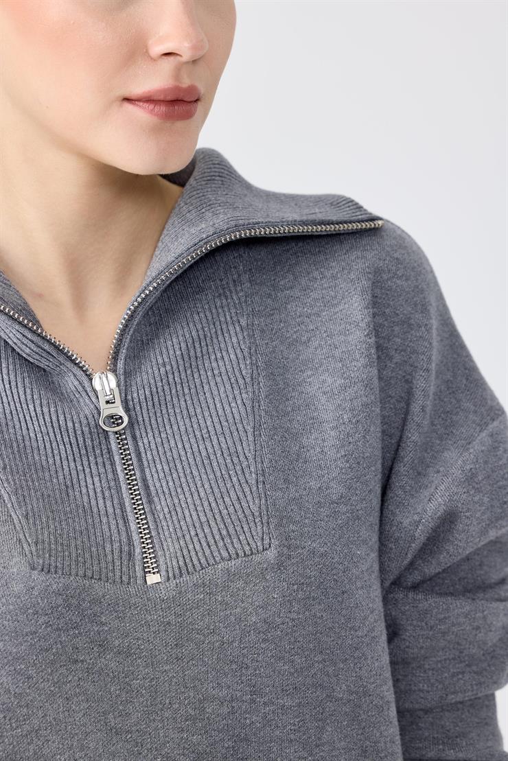 Fermuarlı Dik Yaka Triko Tunik GRİ