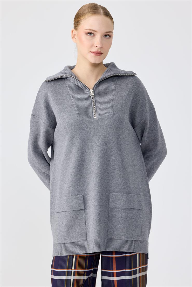 Fermuarlı Dik Yaka Triko Tunik GRİ