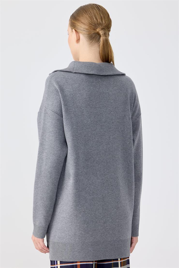 Fermuarlı Dik Yaka Triko Tunik GRİ