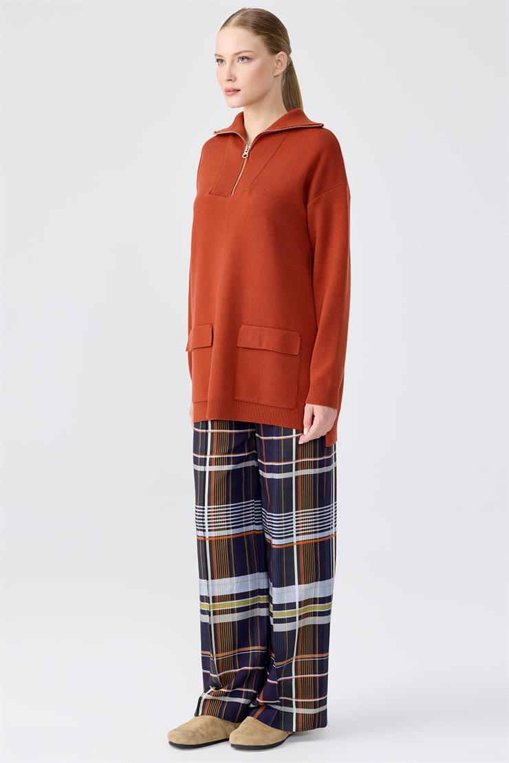 Fermuarlı Dik Yaka Triko Tunik KİREMİT