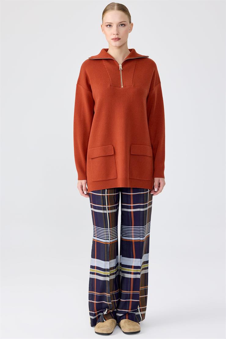 Fermuarlı Dik Yaka Triko Tunik KİREMİT