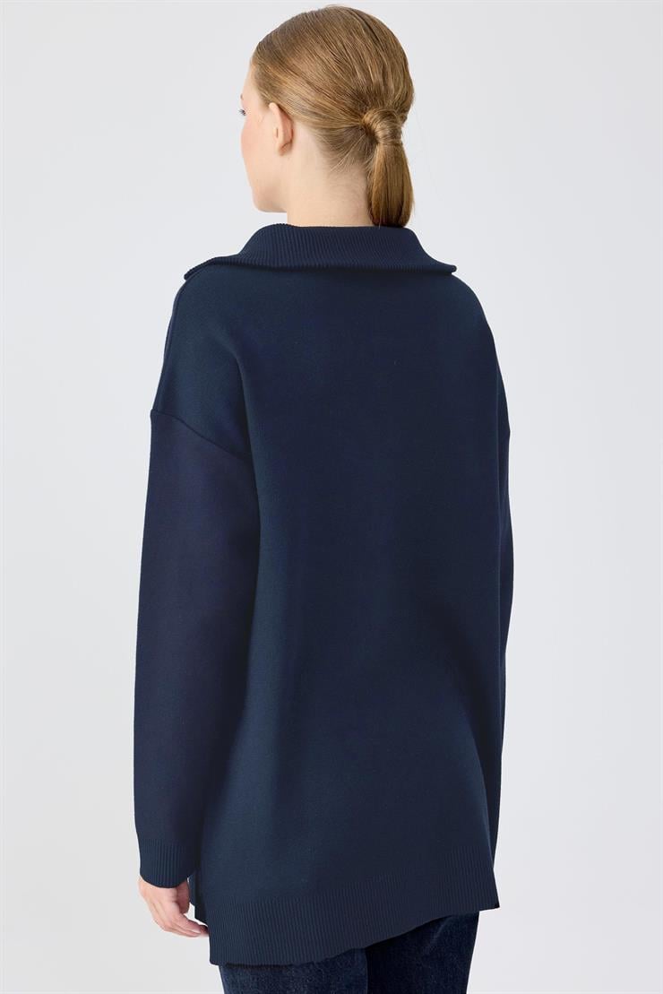 Fermuarlı Dik Yaka Triko Tunik LACİVERT