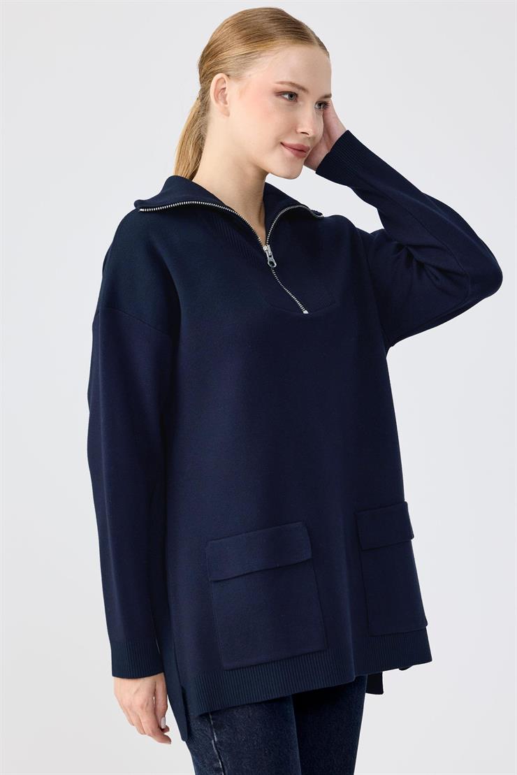 Fermuarlı Dik Yaka Triko Tunik LACİVERT