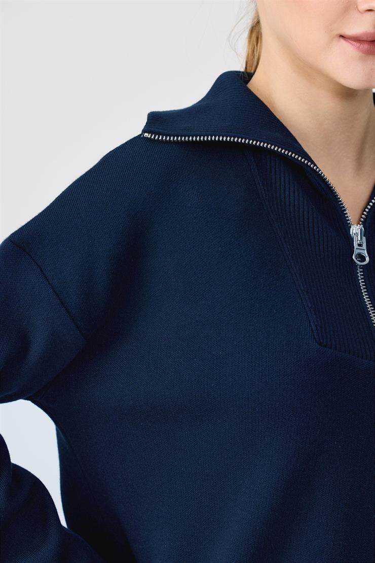 Fermuarlı Dik Yaka Triko Tunik LACİVERT