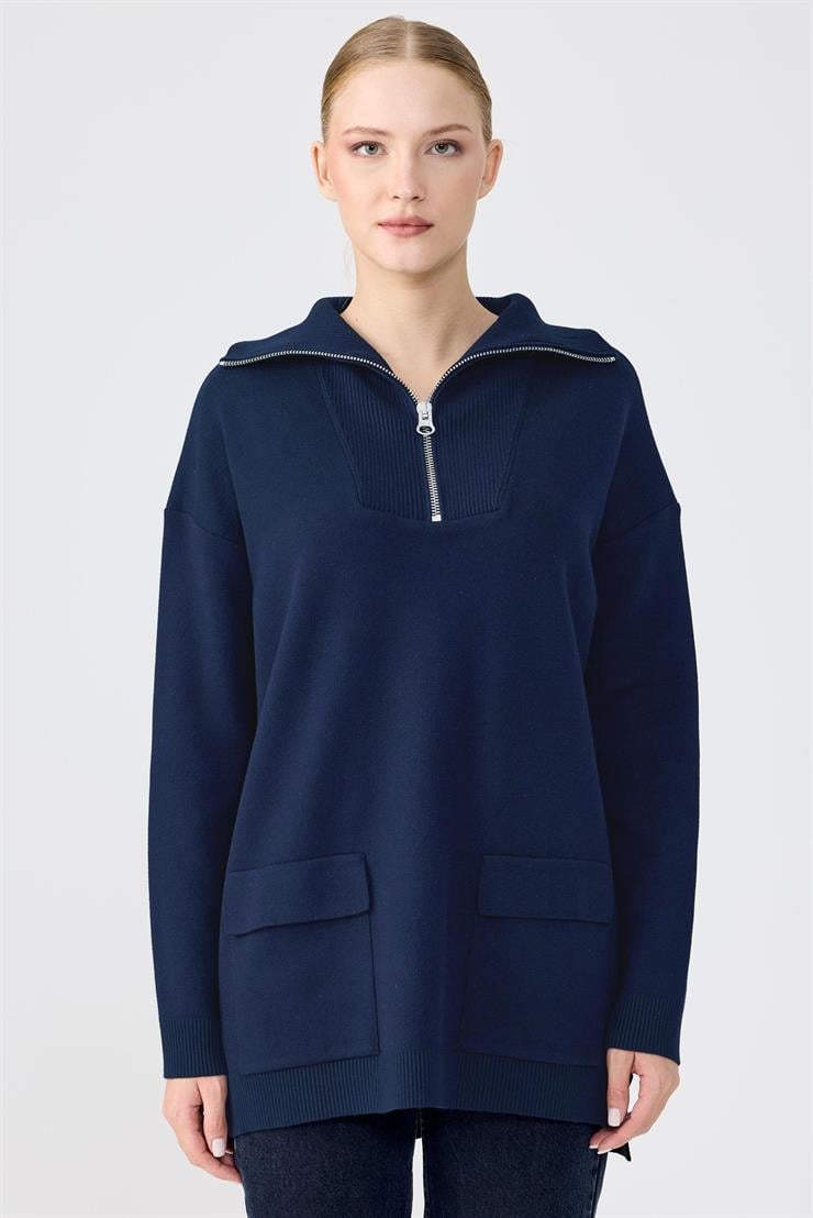 Fermuarlı Dik Yaka Triko Tunik LACİVERT
