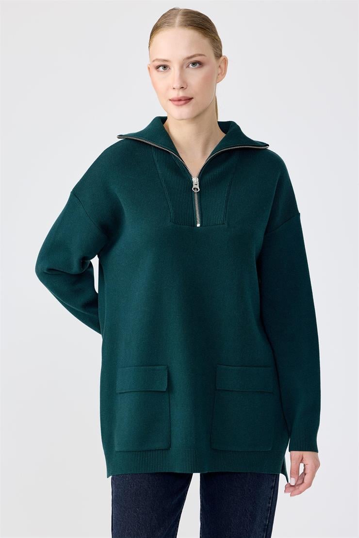 Fermuarlı Dik Yaka Triko Tunik NEFTİ