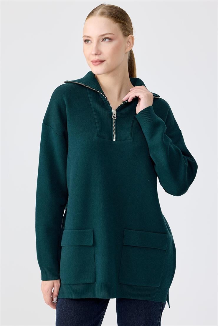 Fermuarlı Dik Yaka Triko Tunik NEFTİ