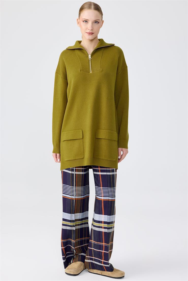 Fermuarlı Dik Yaka Triko Tunik OLİVE