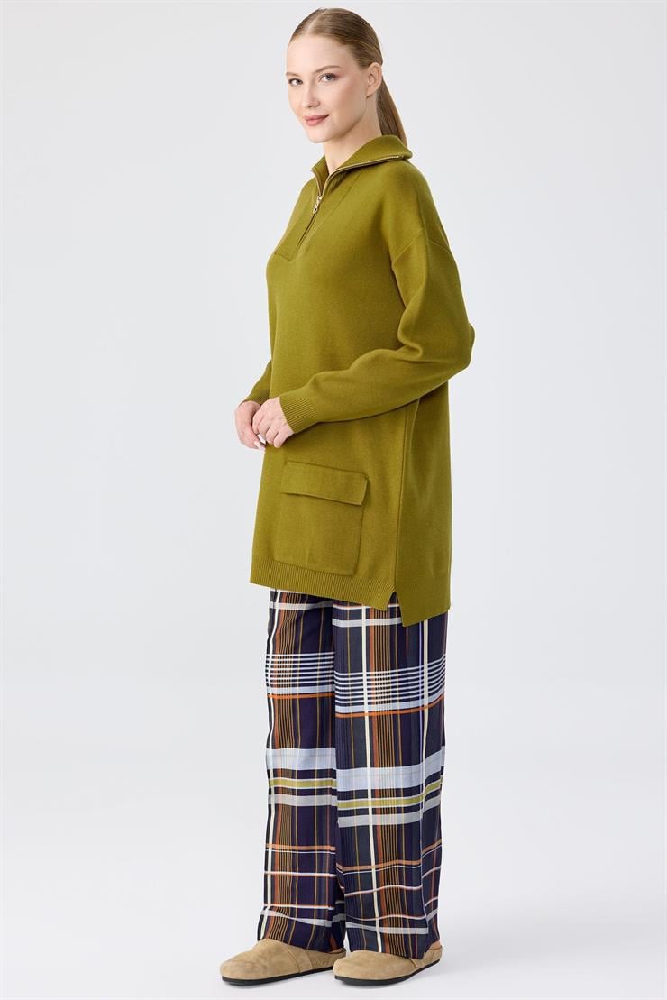 Fermuarlı Dik Yaka Triko Tunik OLİVE