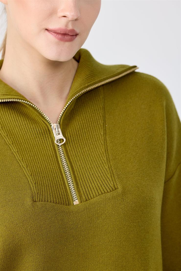 Fermuarlı Dik Yaka Triko Tunik OLİVE