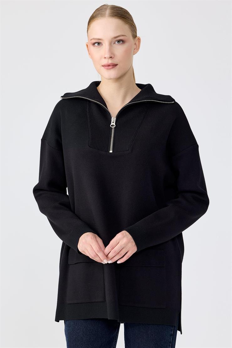 Fermuarlı Dik Yaka Triko Tunik SİYAH