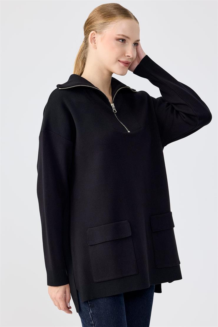 Fermuarlı Dik Yaka Triko Tunik SİYAH