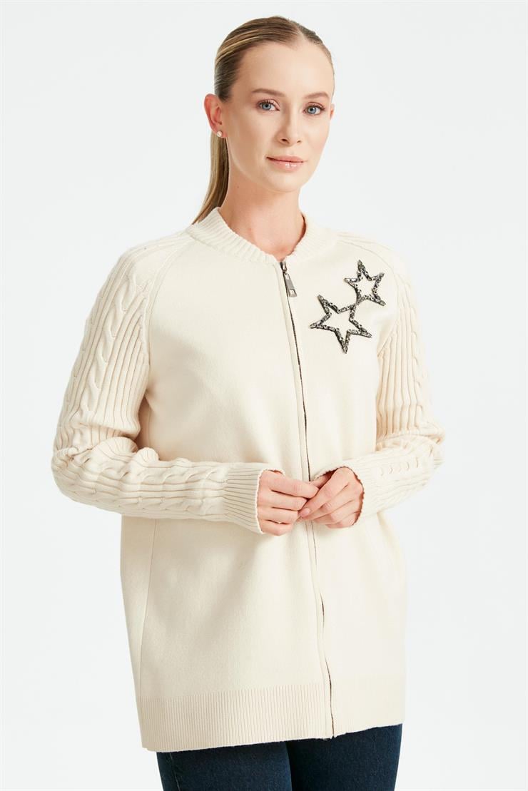 Fermuarlı Kolları Saç Örgülü Hırka BEJ