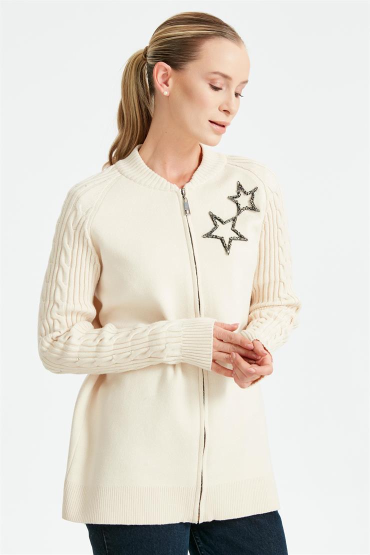 Fermuarlı Kolları Saç Örgülü Hırka BEJ