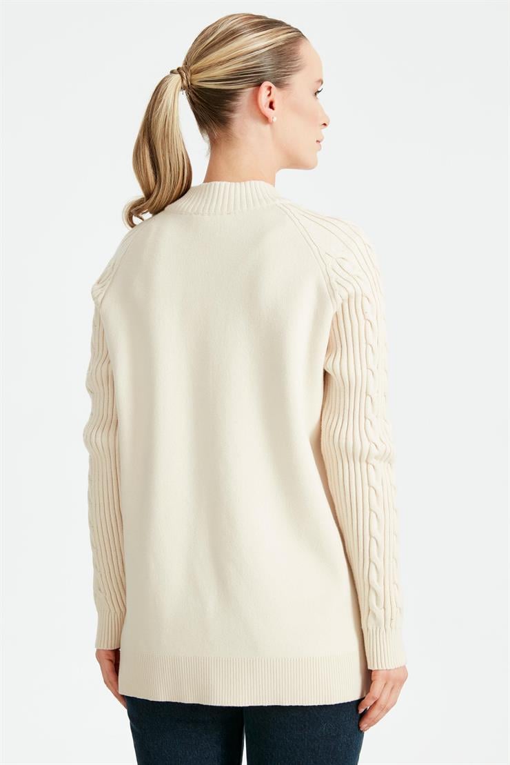 Fermuarlı Kolları Saç Örgülü Hırka BEJ