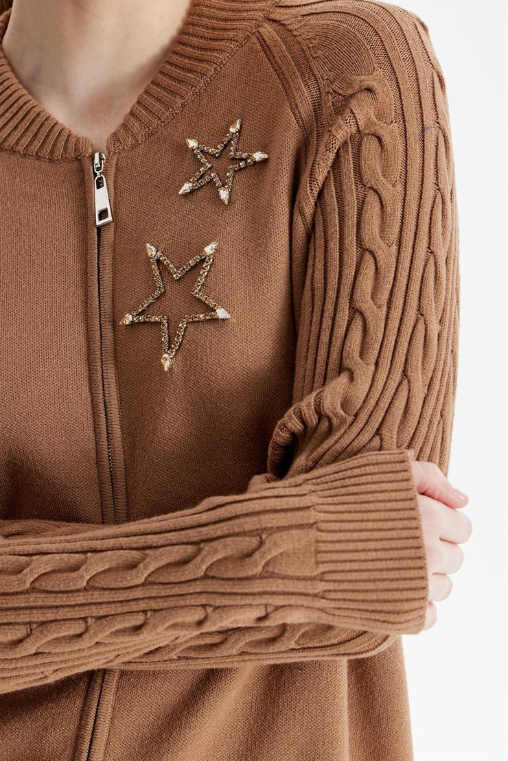 Fermuarlı Kolları Saç Örgülü Hırka CAMEL