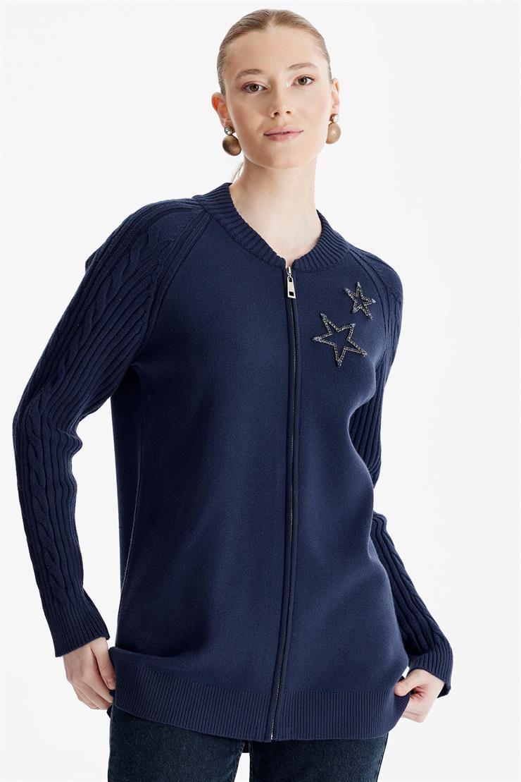 Fermuarlı Kolları Saç Örgülü Hırka LACİVERT