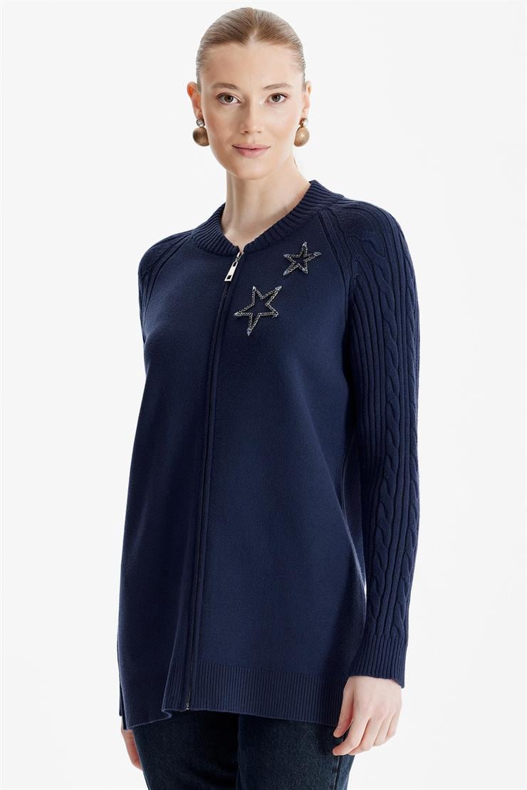 Fermuarlı Kolları Saç Örgülü Hırka LACİVERT