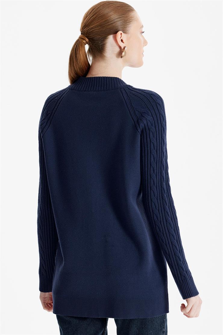 Fermuarlı Kolları Saç Örgülü Hırka LACİVERT