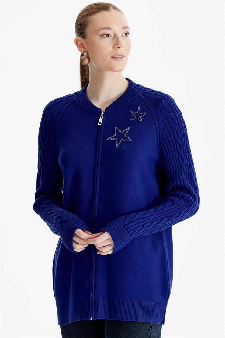 Fermuarlı Kolları Saç Örgülü Hırka SAKS