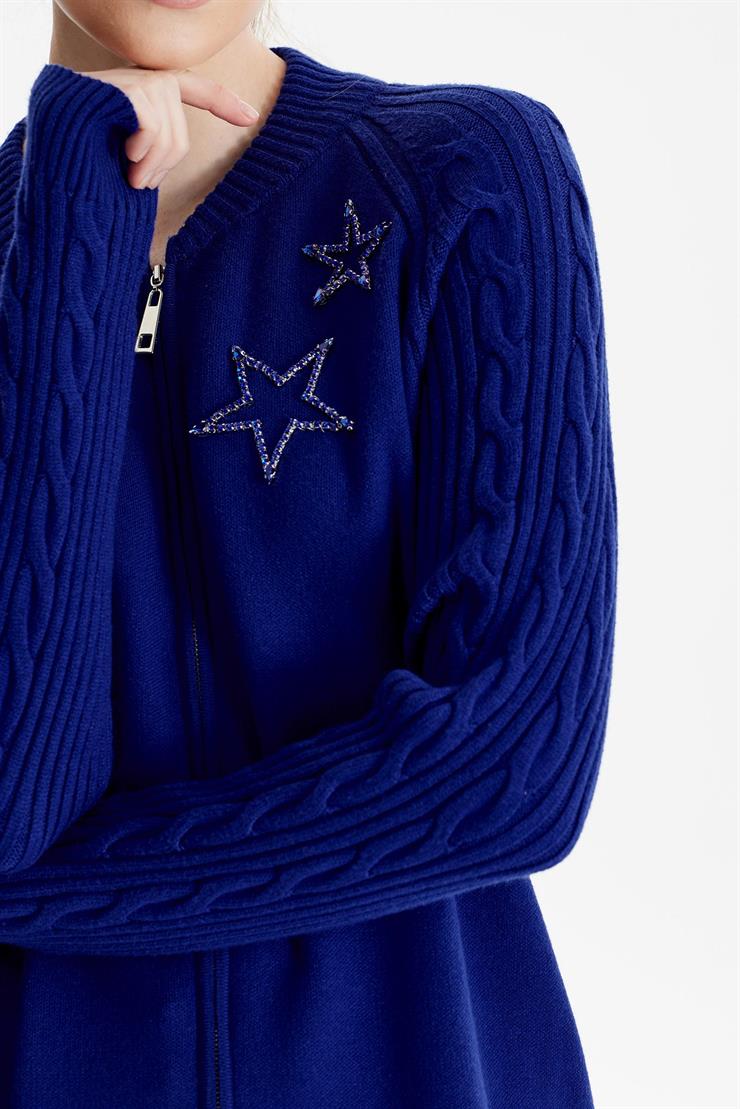 Fermuarlı Kolları Saç Örgülü Hırka SAKS