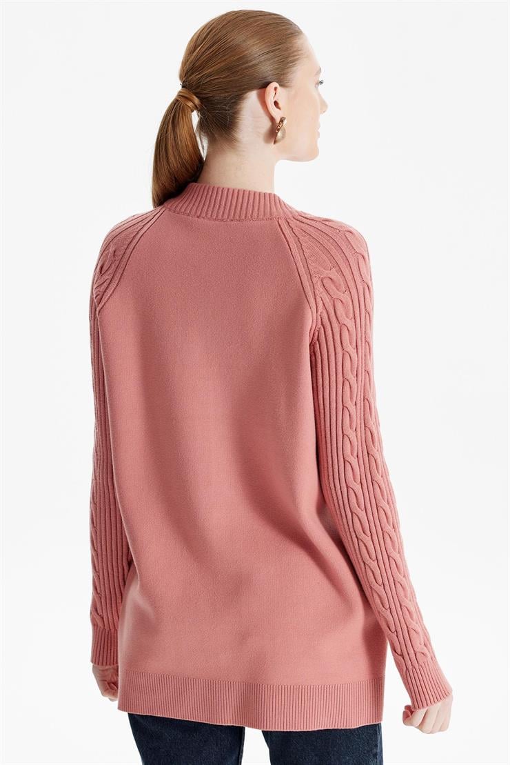 Fermuarlı Kolları Saç Örgülü Hırka SOMON