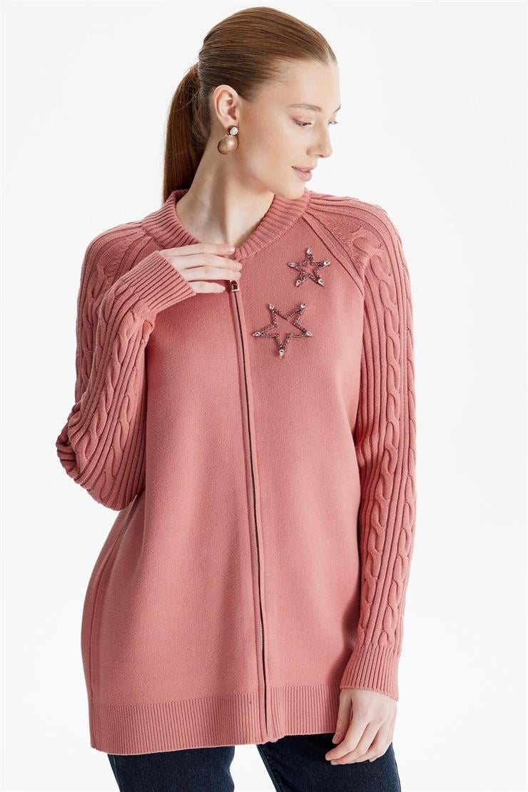 Fermuarlı Kolları Saç Örgülü Hırka SOMON