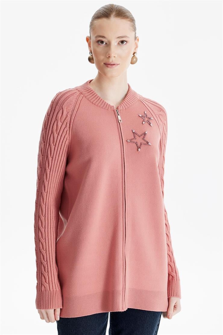 Fermuarlı Kolları Saç Örgülü Hırka SOMON