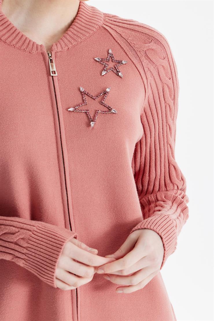 Fermuarlı Kolları Saç Örgülü Hırka SOMON