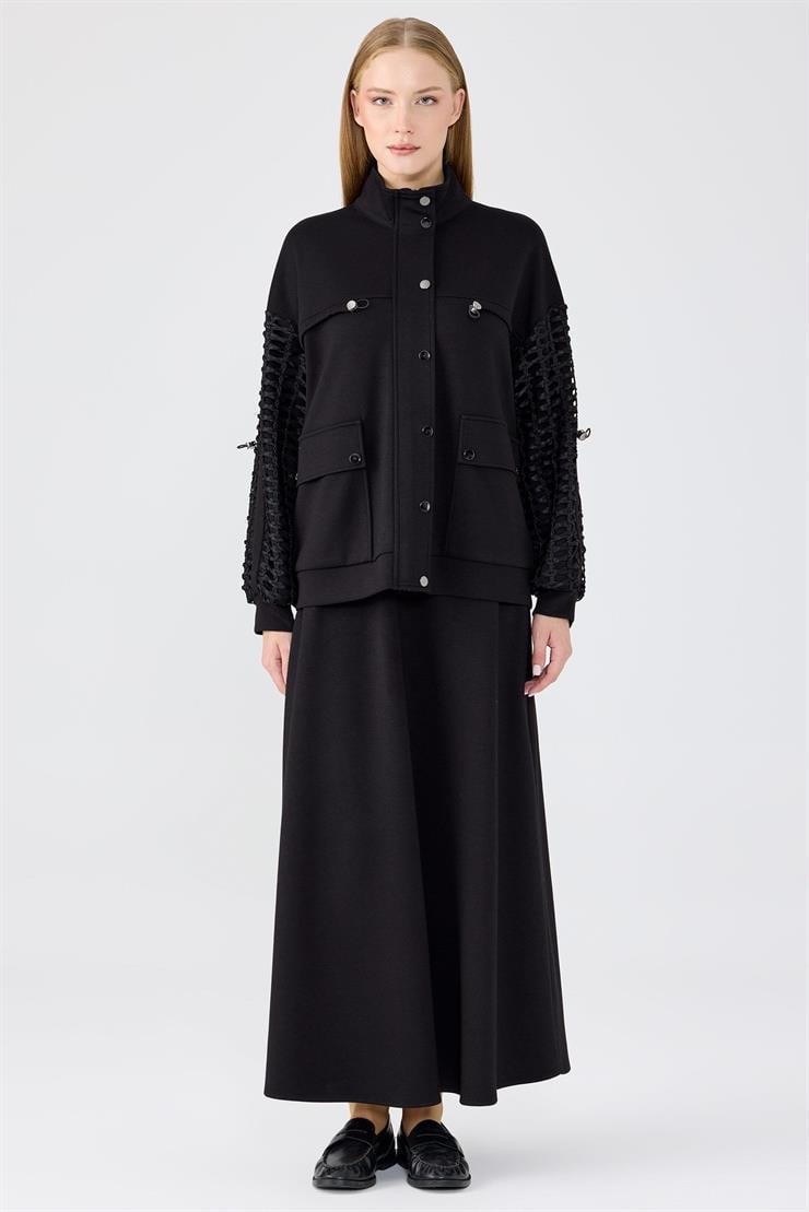 File Detaylı Ceket Etek Takım SİYAH