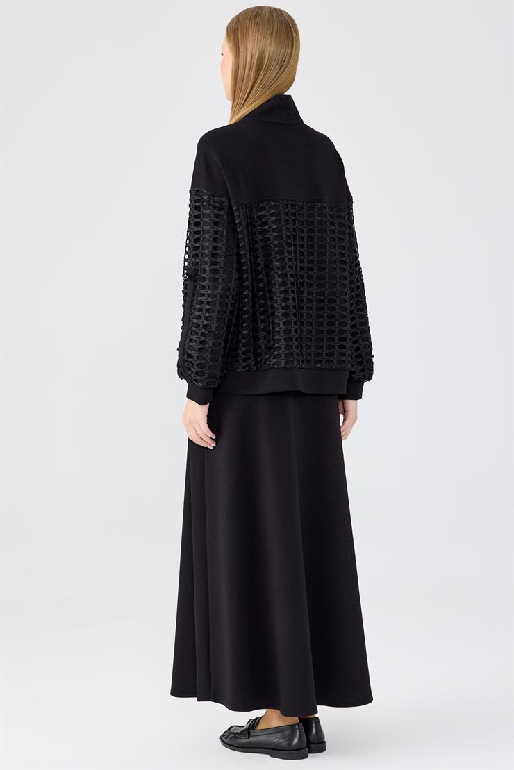File Detaylı Ceket Etek Takım SİYAH