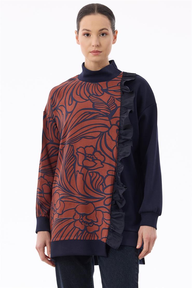 Fırfır Ve Emprime Detaylı Yarım Balıkçı Tunik LACİVERT