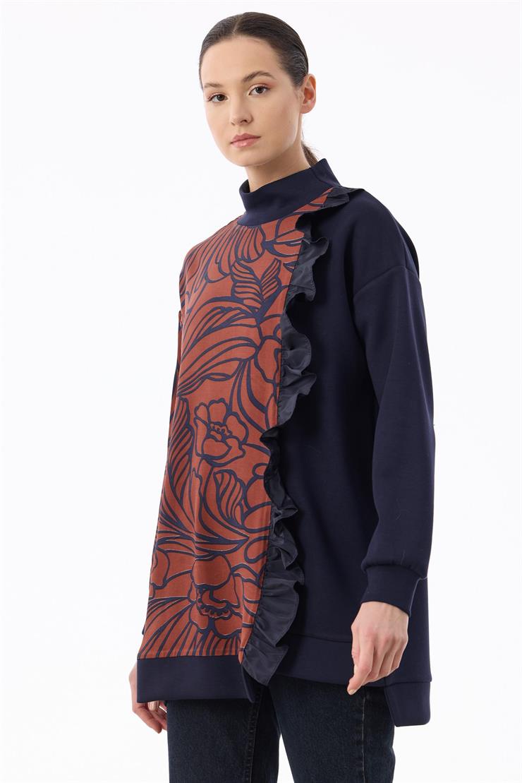 Fırfır Ve Emprime Detaylı Yarım Balıkçı Tunik LACİVERT