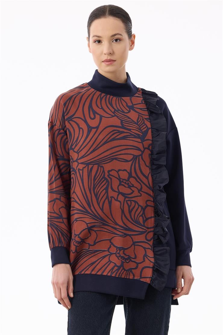 Fırfır Ve Emprime Detaylı Yarım Balıkçı Tunik LACİVERT