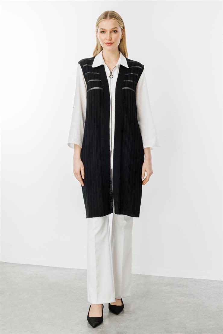 Fitilli Sim Detaylı Triko Yelek-SİYAH