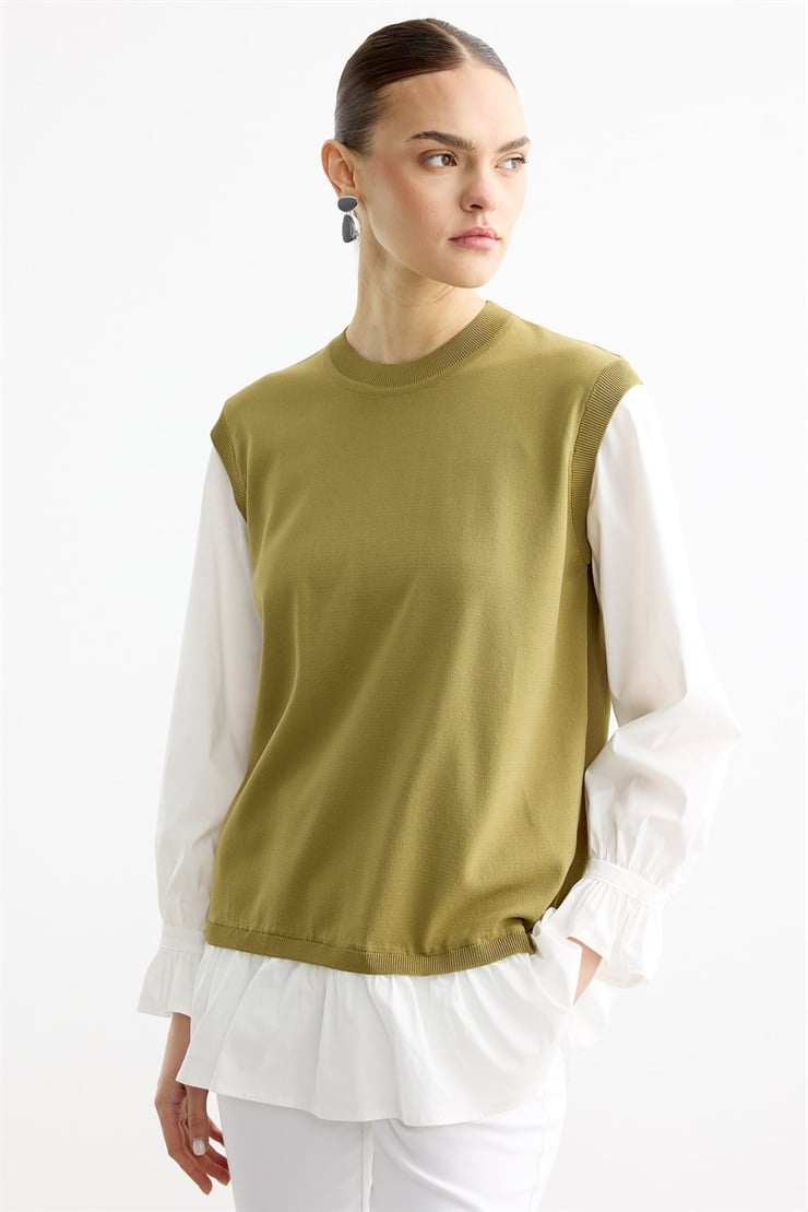 Gömlek Görünümlü Metal Broş Detaylı Rayon Tunik OLİVE