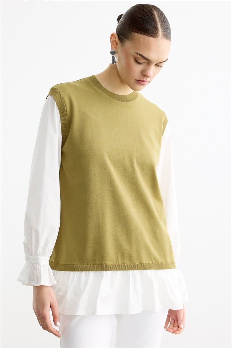 Gömlek Görünümlü Metal Broş Detaylı Rayon Tunik OLİVE