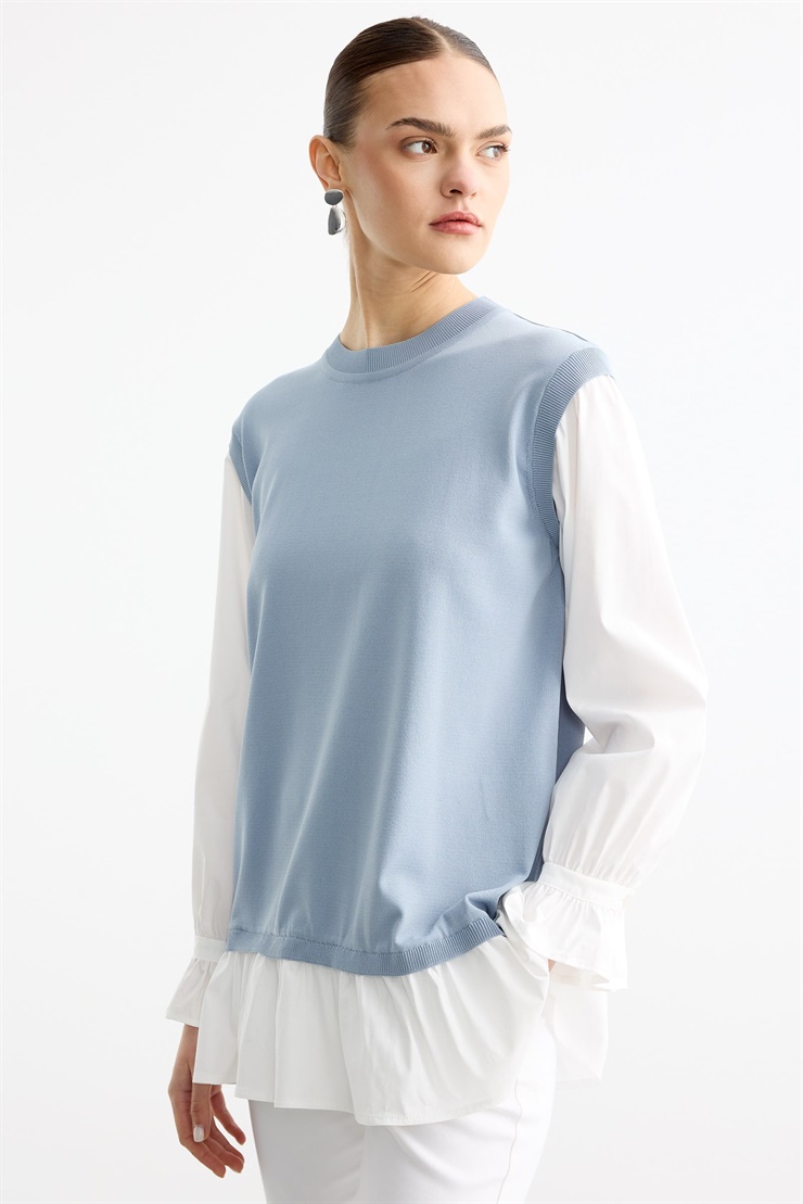 Gömlek Görünümlü Metal Broş Detaylı Rayon Tunik MAVİ