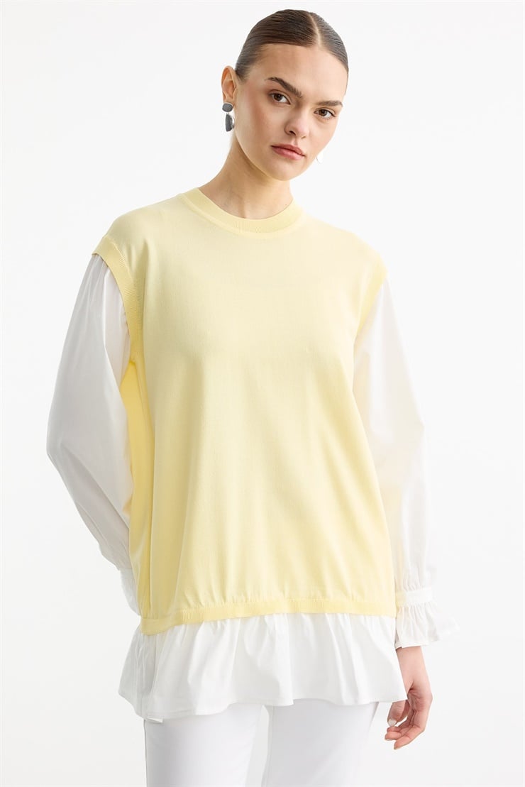 Gömlek Görünümlü Metal Broş Detaylı Rayon Tunik SARI