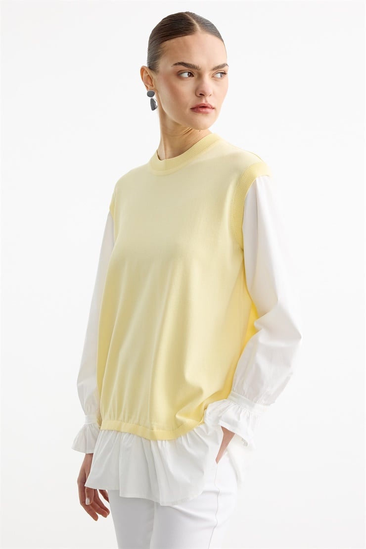 Gömlek Görünümlü Metal Broş Detaylı Rayon Tunik SARI