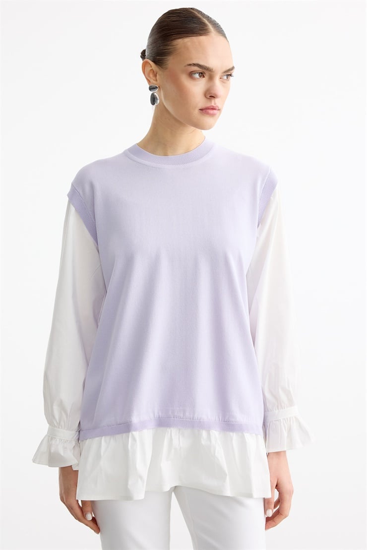 Gömlek Görünümlü Metal Broş Detaylı Rayon Tunik LİLA