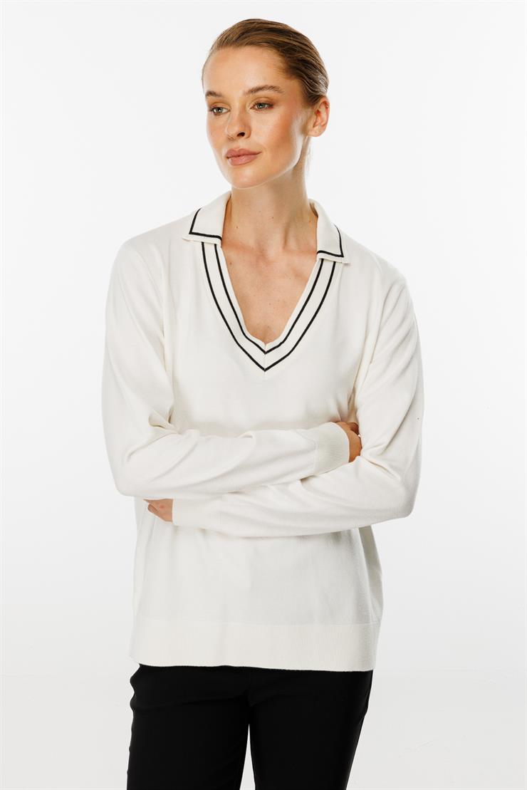 Gömlek Yaka Triko Bluz-EKRU